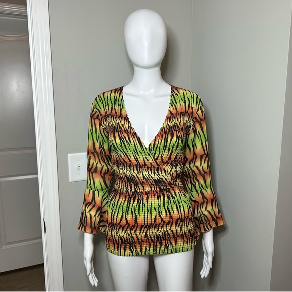 Vintage Y2K Piano Tropical Tiger Print Crinkle Fabric Flare Sleeve Blouse - Picture 2 of 7
